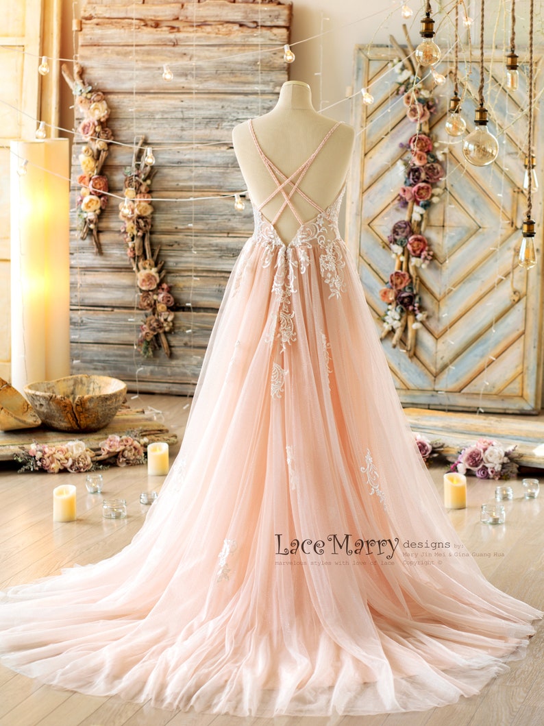 MEDEA / Blush Wedding Dress with Beading, Glitter Skirt Wedding Dress, Croo Straps Deep Open Back Wedding Dress, Reception Dress in Blush image 3