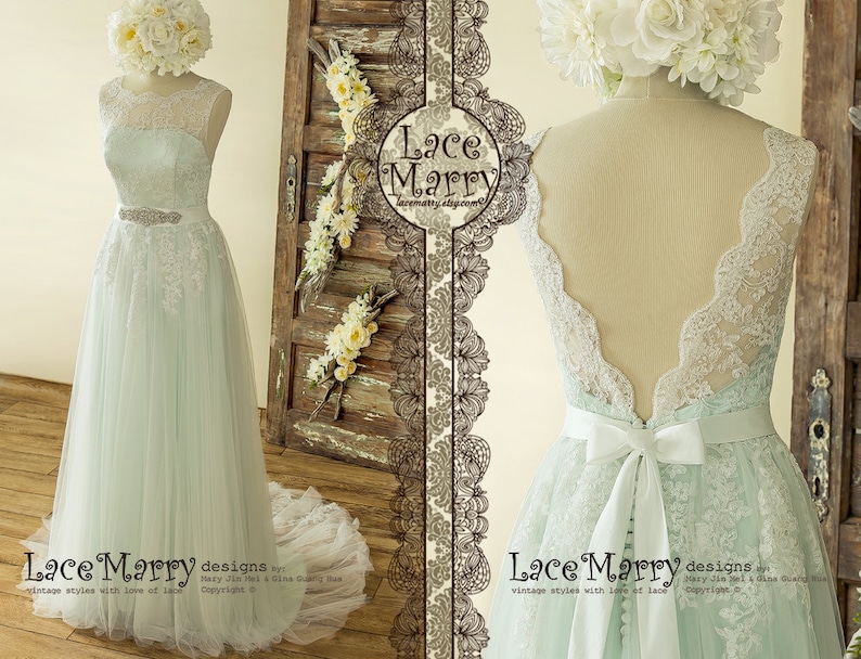 Romantic Mint Wedding Dress From Ivory Lace Airy Wedding Etsy