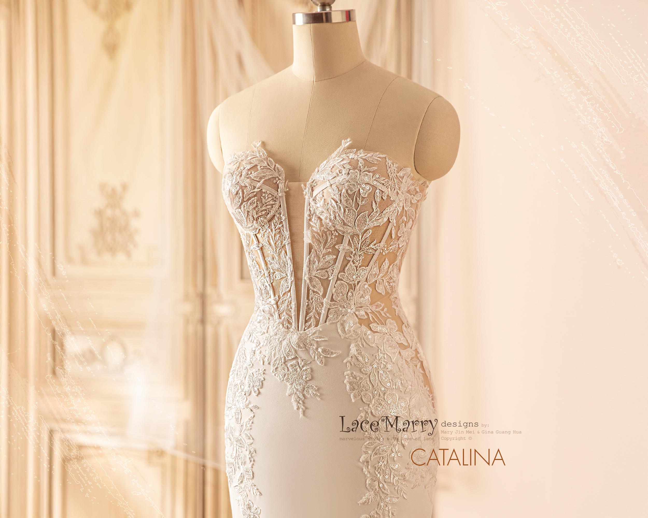 peekaboo lace wedding dress Zorina is serving regal glam vibes ! This peekaboo lace trim Mikado wedding dress is designed to impress, with a figure-flaunting bodice and lush layers. The basque waistline, exposed boning, and lace