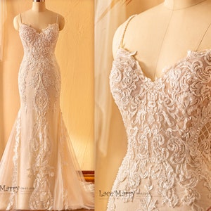 ARIA / Amazing Wedding Dress with Swirl Appliques and Thin Straps, Sweetheart Neck Wedding Dress, Fitted Lace Wedding Dress with Beading