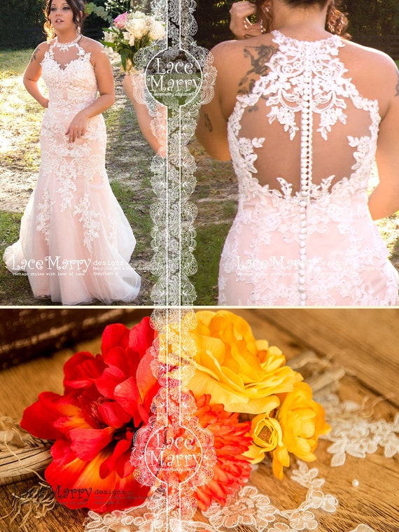 Blush Wedding Dress With Beaded Flower Applique Halter Neckline Wedding Dress Sheer Back Wedding Dress Lace Wedding Dress Custom Made Etsy Canada