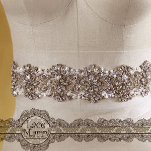 Waterlily Luxurious Handmade Rhinestone and Imitation Pearl Beaded Floral Pattern Belt on the Ribbon Vintage Inspired Bridal Beadwork Sash image 3