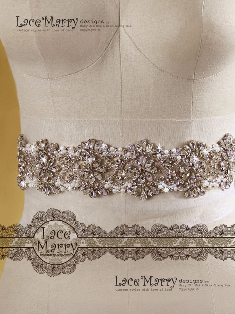 Waterlily Luxurious Handmade Rhinestone and Imitation Pearl Beaded Floral Pattern Belt on the Ribbon Vintage Inspired Bridal Beadwork Sash image 3
