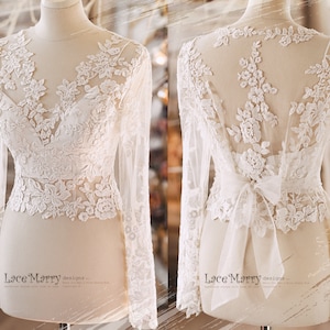 ERIKA #10 / Bridal Crop Top with Long Sleeves and Soft Floral Appliques, Wedding Separates, Bridal Top, Boho Wedding Dress