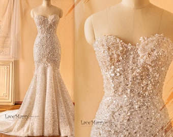 ANTONELLA / Vestido de noiva sereia com brilho marfim: vestido sem alças com lantejoulas