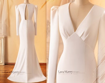 REI / Modest Wedding Dress with Long Sleeves and Keyhole Open Back, Plain Wedding Dress, Modest Civil Wedding Dress, Simple Wedding Dress