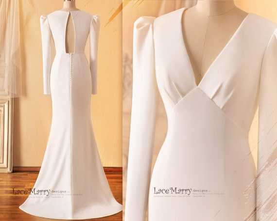 REI / Modest Wedding Dress with Long Sleeves and Keyhole Open Back, Plain Wedding Dress, Modest Civil Wedding Dress, Simple Wedding Dress
