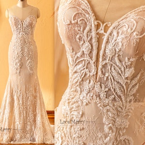 MALENA / Strapless Lace Wedding Dress, Deep Plunge Neckline, Fit and Flare