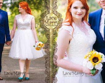 May include: A bride wearing a white lace wedding dress with a tulle skirt and a beaded belt. She is holding a bouquet of sunflowers and white flowers. The bride has red hair and is smiling. The groom is wearing a blue suit and a white shirt. The image includes the text "Lace Marry designs" and "vintage styles with love of lace".