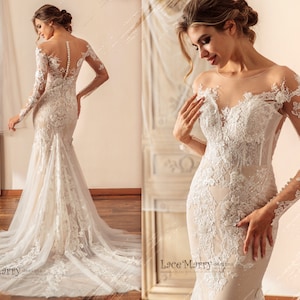 EZRA / Fitted Lace Wedding Dress with Long Sleeves & Pearl Buttons Closure, Illusion Wedding Dress, Summer Wedding Dress, Beach Bridal Gown
