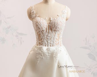 MARALARGE / Lace Bodice Satin Wedding Dress: A-Line Bridal Gown with Slit