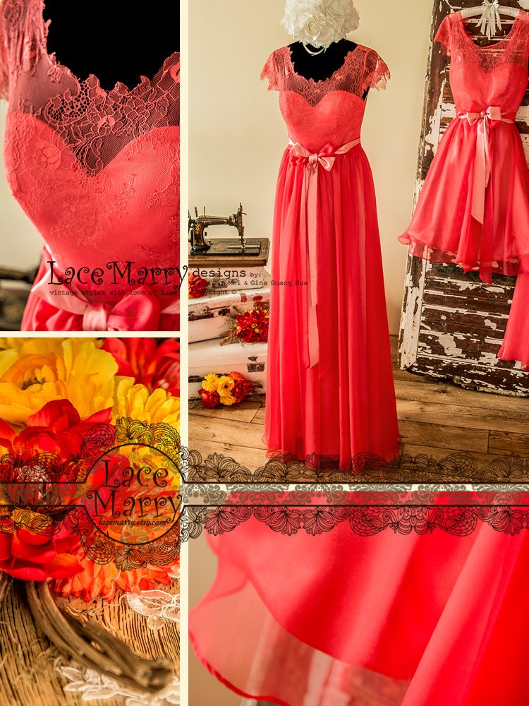 Coral Long Bridesmaid Dress in Chantilly Lace and Flowy Silk Etsy Canada