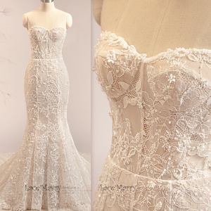 DANIELA / Vestido de noiva com renda intrincada e cauda longa e gloriosa, vestido de noiva estilo sereia com mangas compridas, vestido de noiva com renda e miçangas