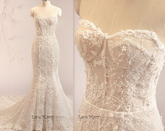 DANIELA / Ivory Lace Mermaid Wedding Dress: Beaded Long Train, Removable Sleeves