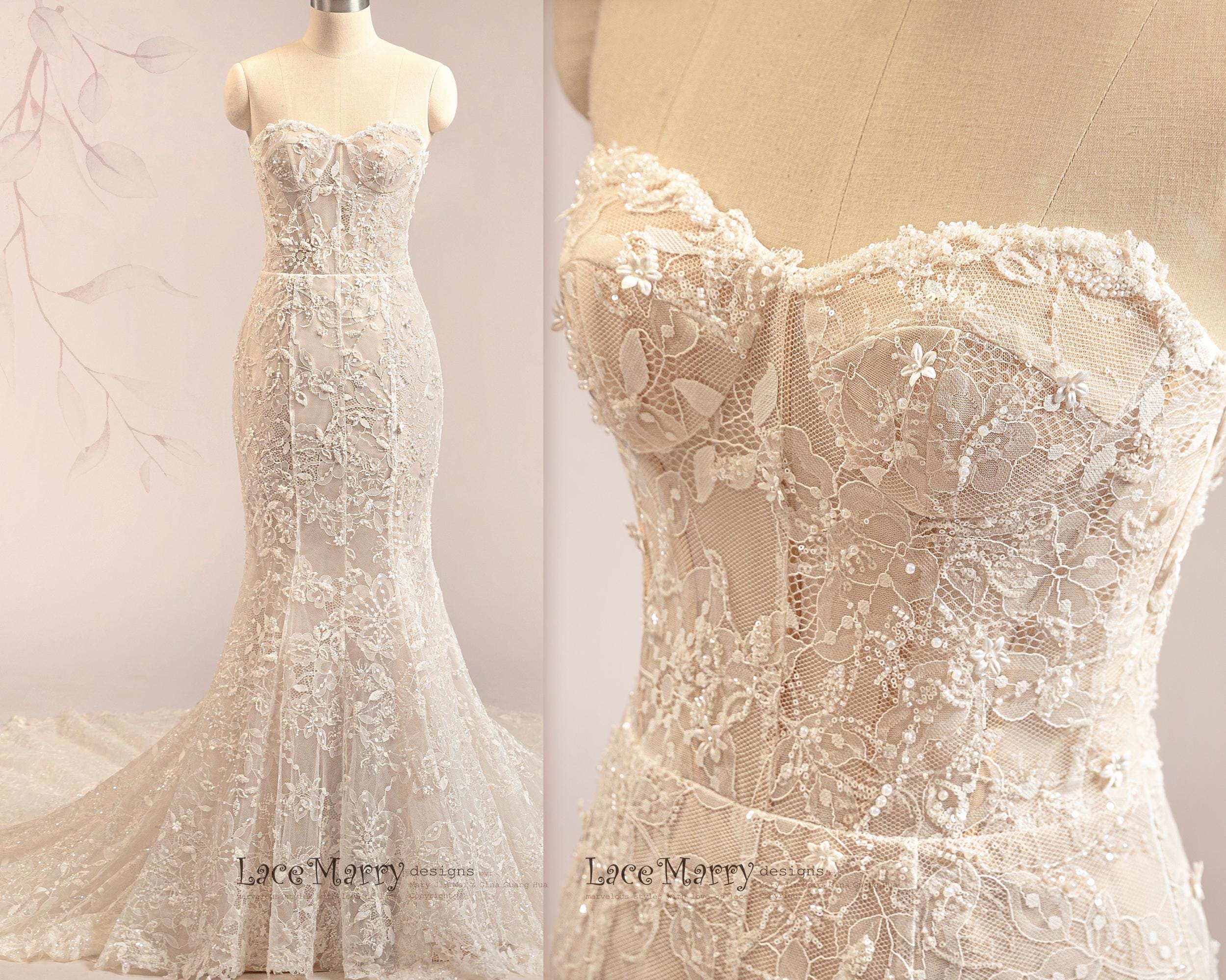 DANIELA / Intricate Lace Wedding Dress with Glorious Long Train, Mermaid Wedding Dress with Long Sleeves, Beaded Lace Wedding Gown