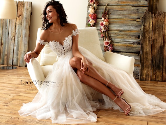 Cap Sleeves High Low White Lace Sheer Short Wedding Dress Cap Sleeves High Low White Lace Sheer Short Wedding Dress