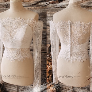 NATALIA #2 / Off Shoulder Lace Crop Top with Long Sleeves, Lace Topper, Wedding Dress, Bridal Bolero, Lace Bolero, Boho Bridal Crop Top