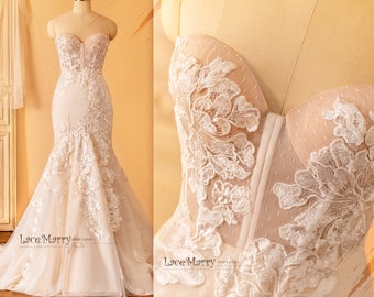 KAYLEE / Strapless Floral Lace Wedding Dress, Fitted Mermaid Gown