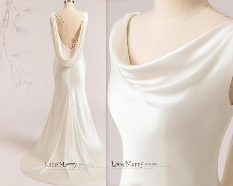 Pu&ograve; includere: Un abito da sposa in satin bianco con scollo a barchetta e schiena scoperta. L'abito ha un corpetto aderente e una gonna fluida. La schiena dell'abito presenta un delicato disegno in pizzo.