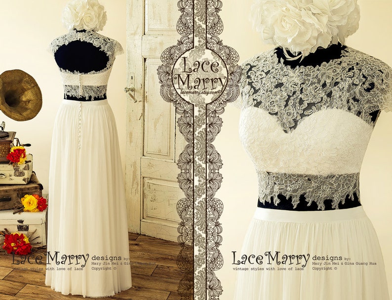 3 Pieces Wedding Dress Set - Sheer Lace Crop Top with Bustier featuring shops Keyhole Back, Cap Sleeves and Separate Tulle Skirt in A Line Shape