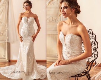 JOLENE / Jolene Ivory Beaded Wedding Dress: Strapless Plunge, Sequined Tulle