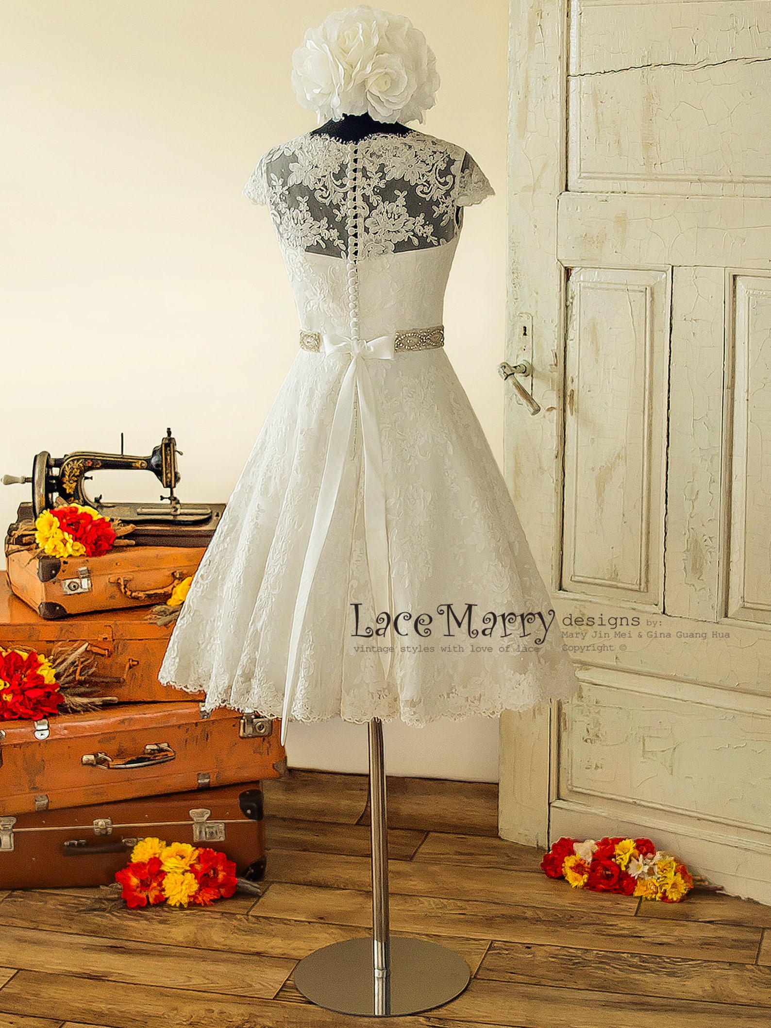 Knee Length Vintage Style Wedding Dress From Alencon Lace With Etsy