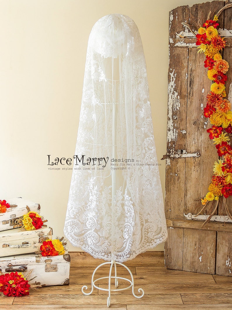 Waltz Length Mantilla Veil with Embroidered Lace Hem
