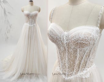 MARIGOLD / Lace Corset Wedding Dress with Basque Waist and Tulle Skirt