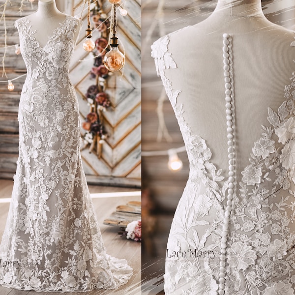 MARIE / Floral Wedding Dress - Mermaid Lace Gown for Bride - Casual Boho V-neck Bridal Gown - Flower Pattern Gray Wedding Dress