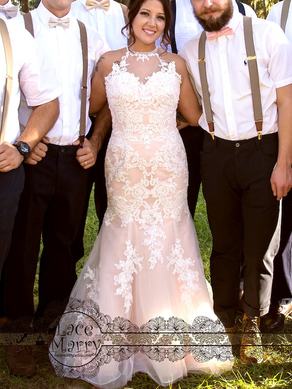 Blush Wedding Dress With Beaded Flower Applique Halter Neckline Wedding  Dress, Sheer Back Wedding Dress, Lace Wedding Dress, Custom Made 