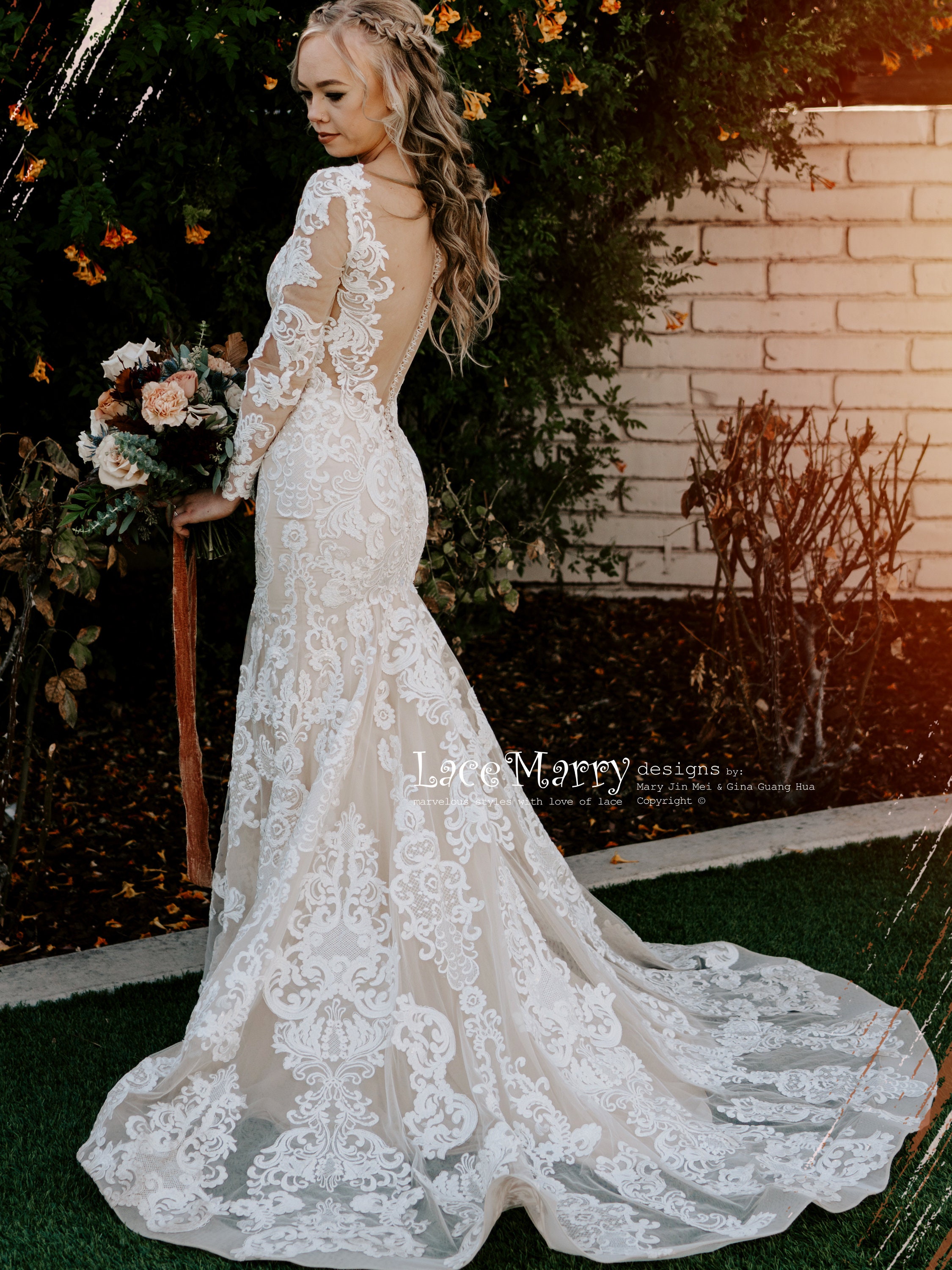 fitted lace dress with sleeves Tulle and Crepe