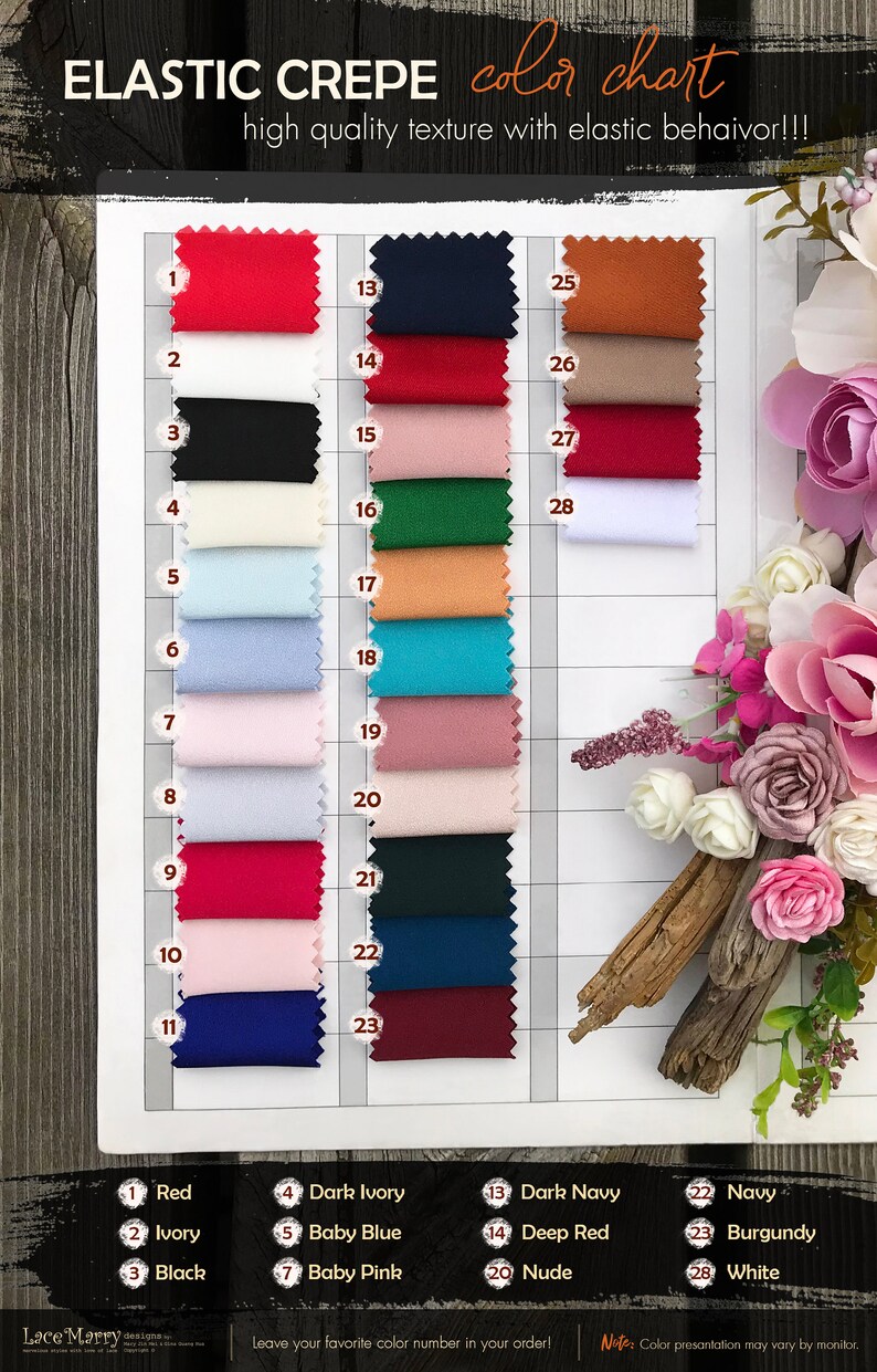 Pu&ograve; includere: Cartella colori per tessuto in cr&ecirc;pe elastico. La cartella mostra 28 colori diversi, tra cui rosso, avorio, nero, avorio scuro, azzurro, rosa chiaro, blu scuro, rosso scuro, nudo, blu navy, bordeaux e bianco. La cartella &egrave; numerata da 1 a 28.