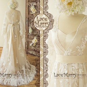 SANTINA / 2 Piece Boho Lace Wedding Dress with Bell Sleeves, Kaftan Style Lace Wedding Dress, Long Sleeves Wedding Dress, Boho Wedding Dress