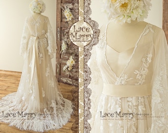 V Neckline Backless Lace Chiffon Bohemian Wedding Dress