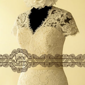 Dainty Cream Color Underlay Lace Wedding Dress with Keyhole Back and Cap Sleeves Featuring Long Taffeta Sash and Asymmetric Scalloped Detail image 7