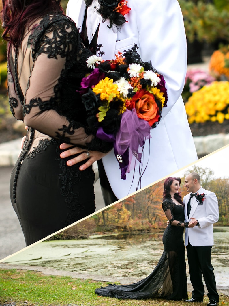 Black Wedding Dress with Sheer Open Back, Buttons and Long Sleeves in Floor Length with Transparent Slits and Train Renewal Dress Bild 4