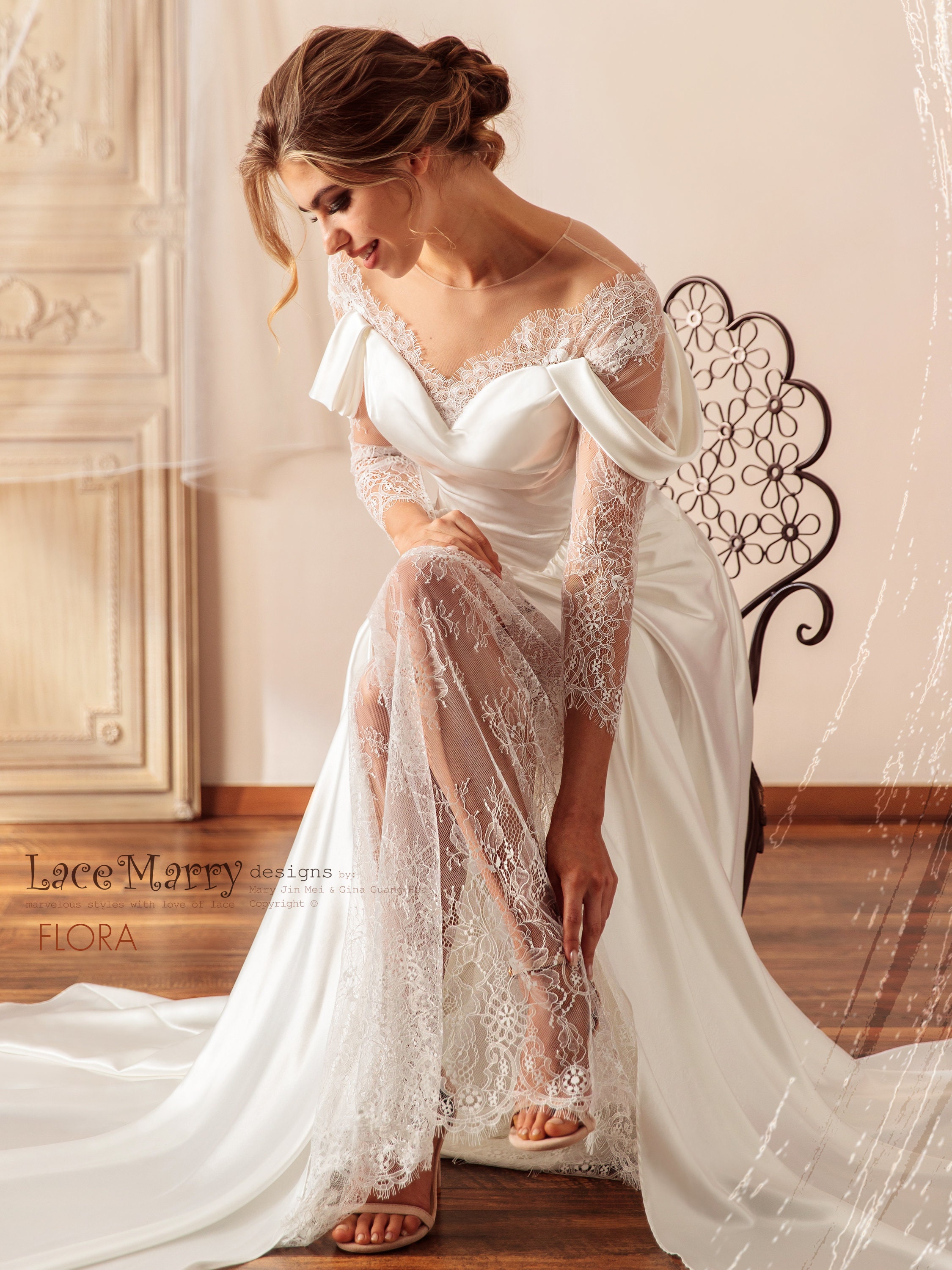 FLORA Illusion Neck Lace Wedding Dress With Slit on the Skirt Satin Wedding Dress With Lace Sleeves Light Boho Wedding Dress Etsy Canada