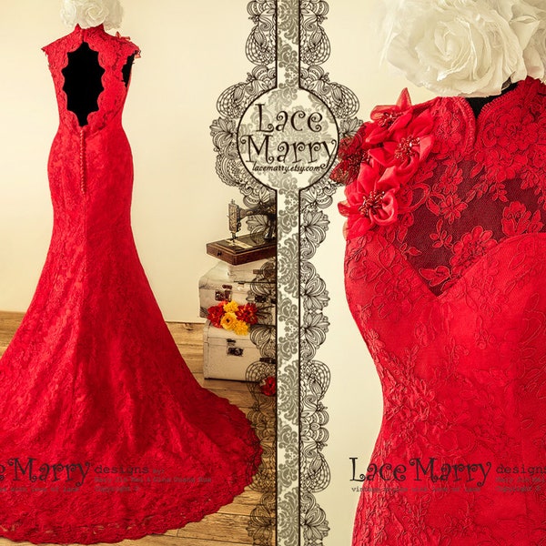 Red Lace Wedding Dress with Keyhole and High Collar | Lace Wedding Dress, Wedding Dress, Trumpet Wedding Dress, VOW Renewal Dress