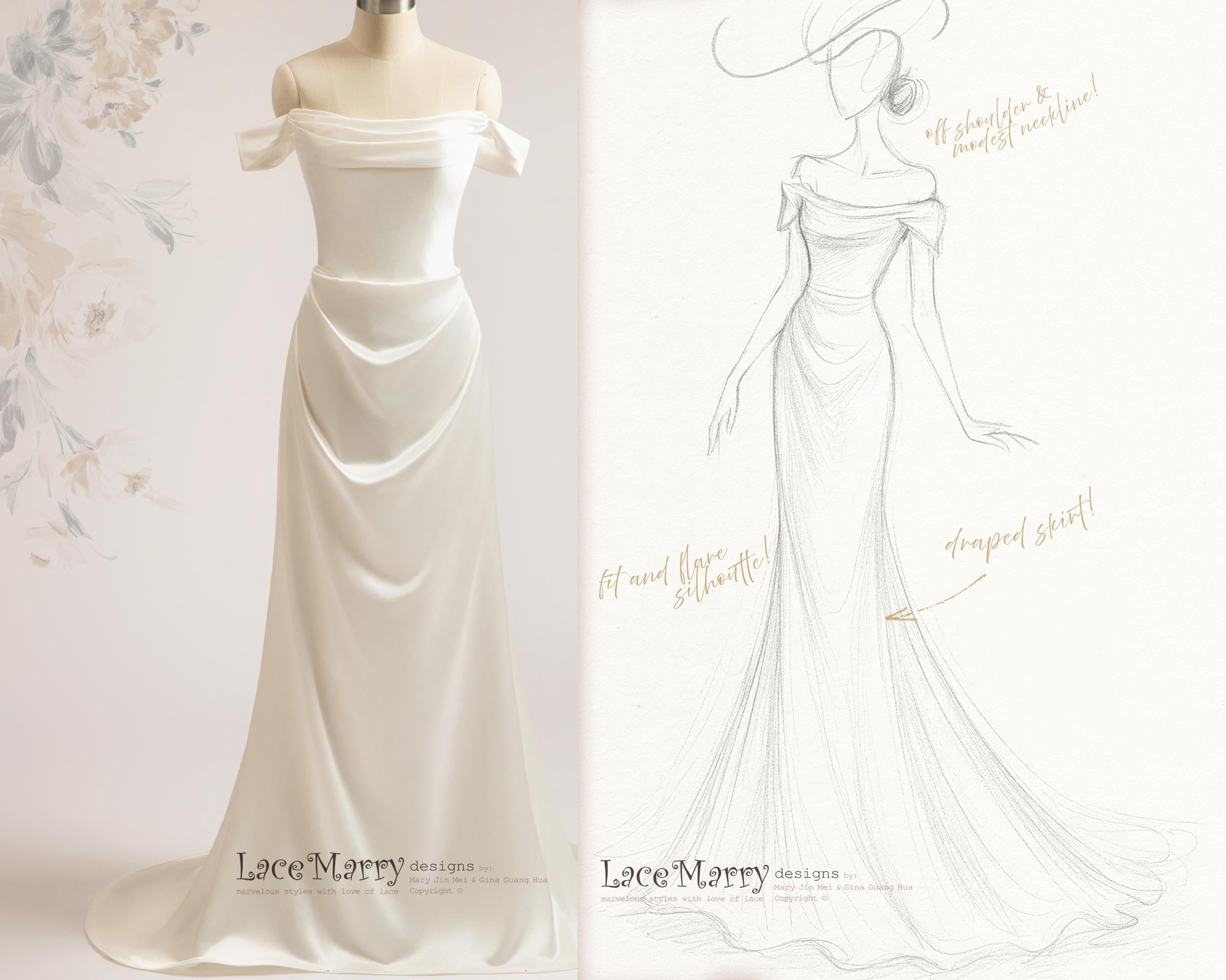 KENIA / Liquid Satin Wedding Dress: Off-the-shoulder Cowl Neck Gown