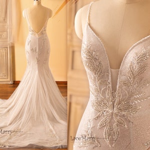 RAYLA / Wedding Dress with Gorgeous Embellishment and Glitter Tulle, Fitted Wedding Dress with Train, and Thin Straps, Mermaid Wedding Dress