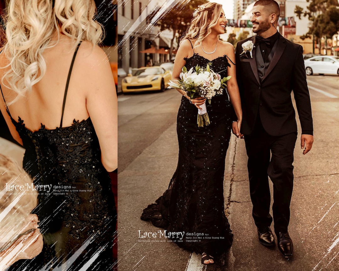 ELI Vestido de noiva preto brilhante com alças finas e decote