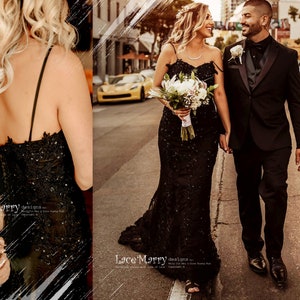 ELI / Sparkling Black Wedding Dress with Thin Straps and Sweetheart Neckline, Black Lace Wedding Dress, Gothic Wedding Dress with Train