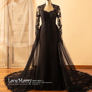 CLAIRE / Elegant Black Wedding Dress with Removable Tulle Train, Queen Anne Neckline Black Wedding Dress, Fitted Gothic Wedding Dress