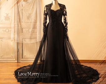 CLAIRE / Elegant Black Wedding Dress with Removable Tulle Train, Queen Anne Neckline Black Wedding Dress, Fitted Gothic Wedding Dress