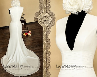 Feminine A Line Wedding Dress Features Deep Sexy V-neck and Closed Back with Chapel Train, Simple Wedding Dress, Chiffon Wedding Dress