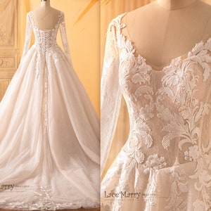 AMELIA / Princess Wedding Dress with Long Sleeves and Lace-up Back, A Line Wedding Dress with Train, Classical Wedding Dress with Train