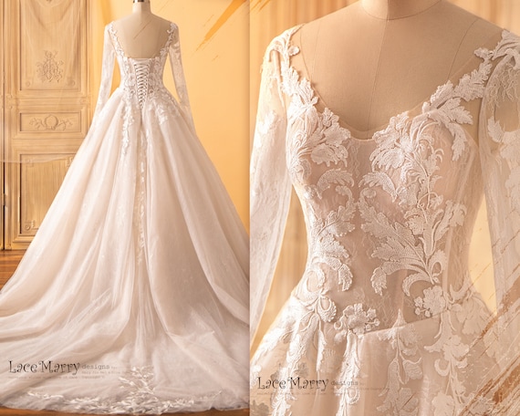 AMELIA / Lace Applique A-line Wedding Dress: Long Sleeves, Lace-up