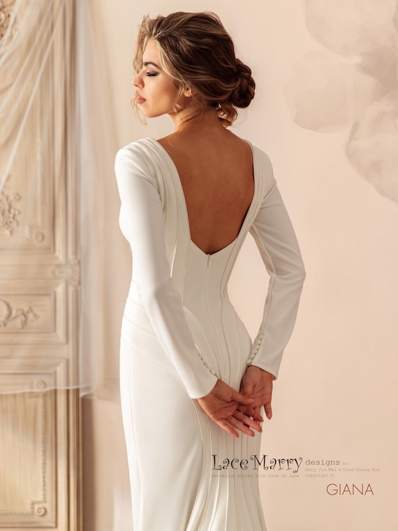 GIANA Plain Wedding Dress With Long Sleeves V Neckline and Oval Cut Open Back Minimalist Wedding Dress Ivory Wedding Dress With Sleeves Etsy Canada