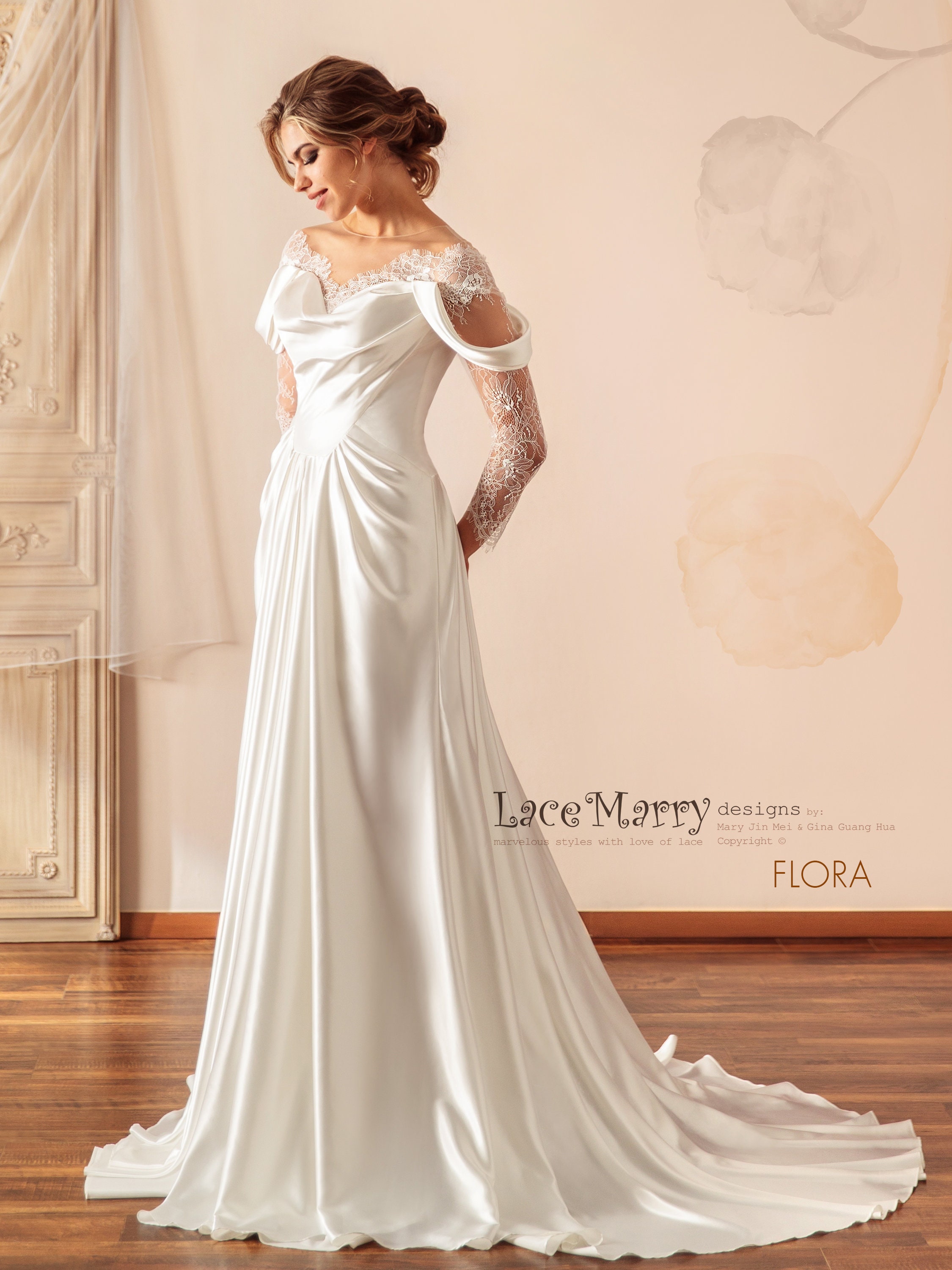 FLORA Illusion Neck Lace Wedding Dress With Slit on the Skirt Satin Wedding Dress With Lace Sleeves Light Boho Wedding Dress Etsy Canada