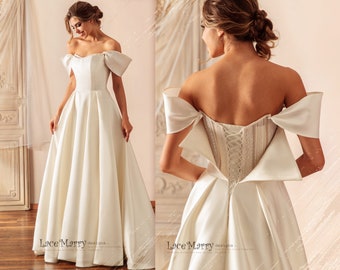 IYLA / Off Shoulder Wedding Dress with A Line Skirt and Inner Corset, A Line Satin Wedding Dress with Off The Shoulder Straps